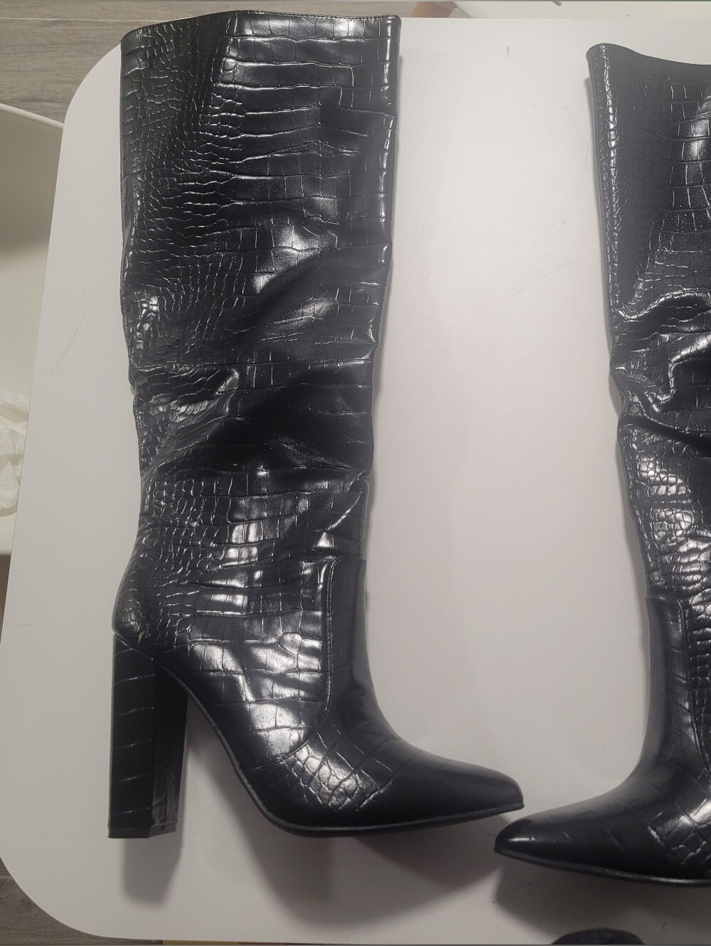 Croc-Embossed Black Over-the-Knee Block Heel Boots